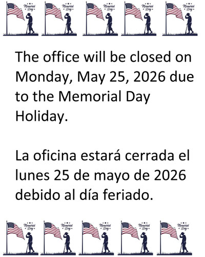 Office Closed Monday May 25, 2026 for Memorial Day